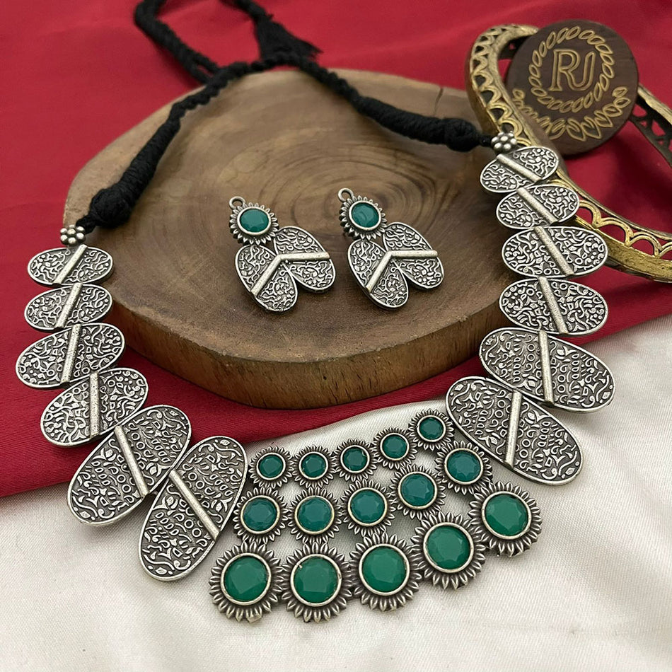 Oxidised Pota Stone Necklace Set for Bridal Wear | Bridal Jewellery India