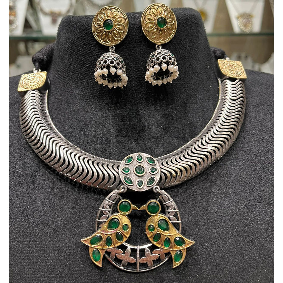 Heritage Pota Stone Necklace in Oxidised Silver | Bridal Jewellery India