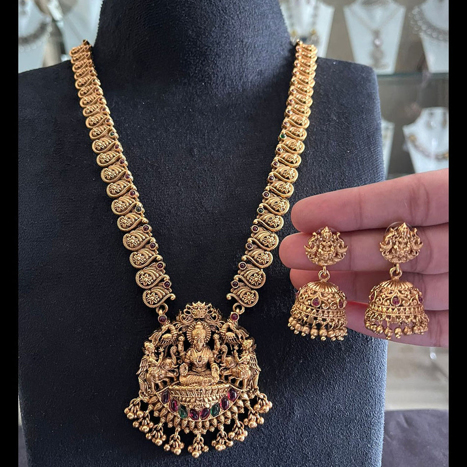 Glamorous Pota Stone in Rose Gold Plated Temple Necklace Set | Bridal Jewellery India