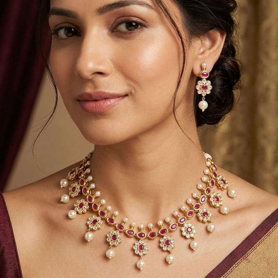 Pota Stone and Austrian Stone Necklace in Sterling Silver | Bridal Jewellery India