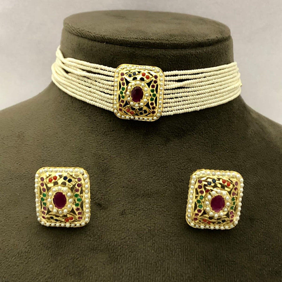 Glamorous Pota Stone Choker Necklace in Gold Plated | Bridal Jewellery India