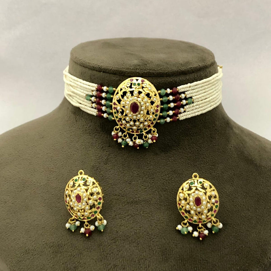 Glamorous Pota Stone Choker in Rose Gold Plated | Bridal Jewellery India