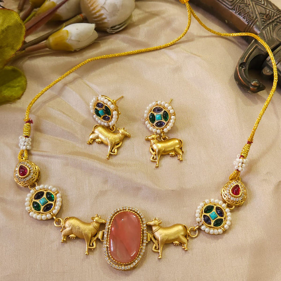Glamorous Pota Stone Choker in Rose Gold Plated | Bridal Jewellery India