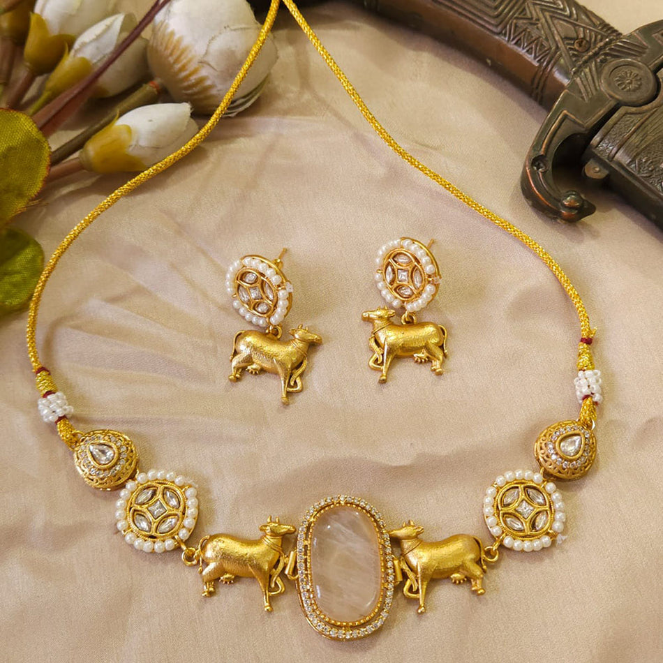 Pota Stone   Pearl Necklace in Gold Tone | Bridal Jewellery India