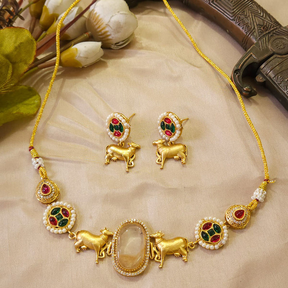 Glamorous Pota Stone Necklace in Rose Gold Plated | Bridal Jewellery India