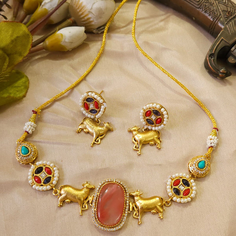 Pota Stone   Pearl Necklace in 14K Gold Plated | Bridal Jewellery India