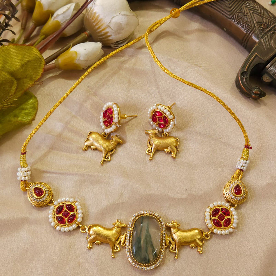Glamorous Pota Stone Necklace in Rose Gold Plated | Bridal Jewellery India