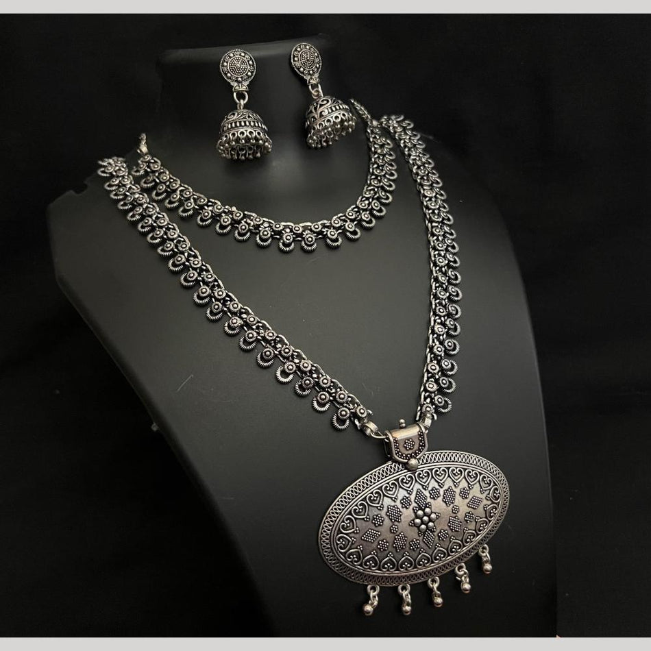 Oxidised Silver Double Necklace Set | Bridal Jewellery India