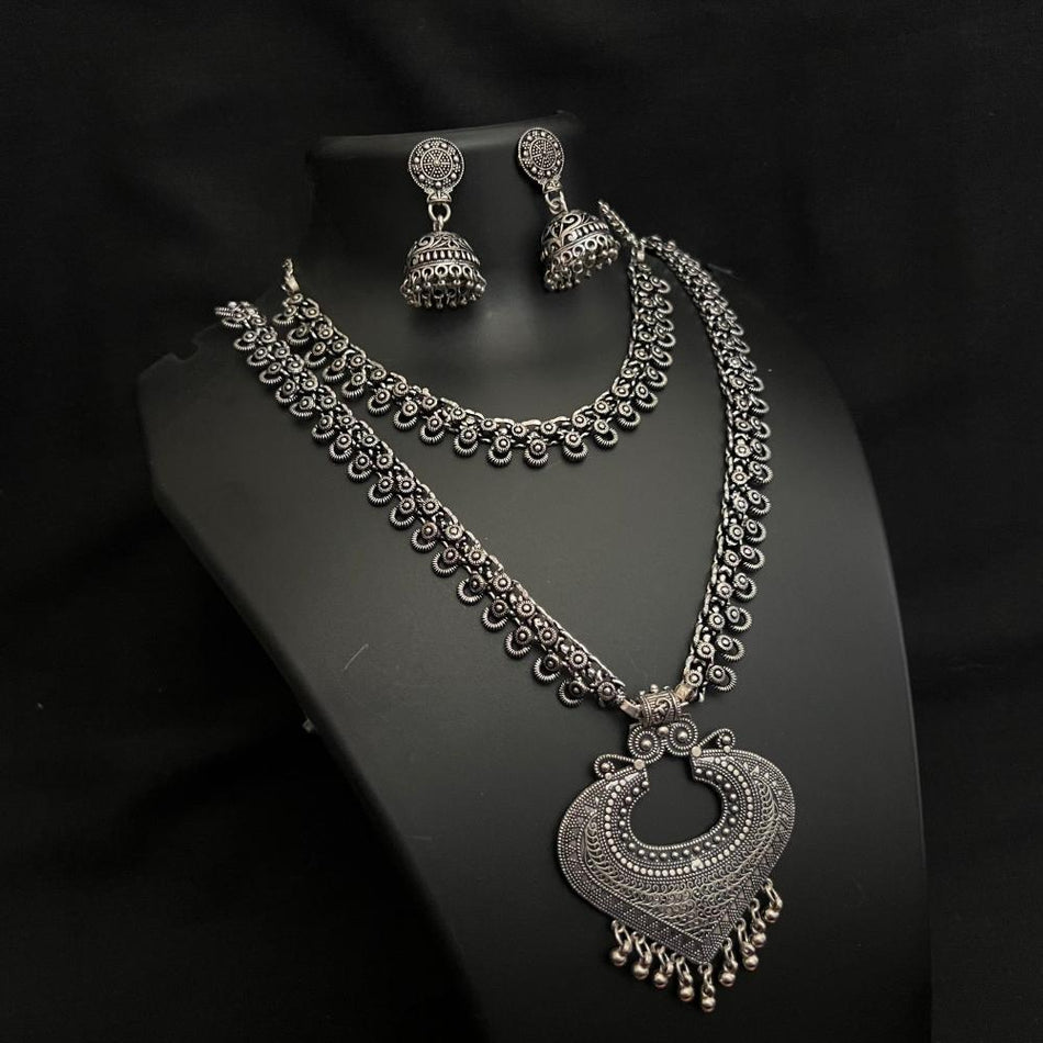Oxidised Silver Double Necklace Set | Bridal Jewellery India