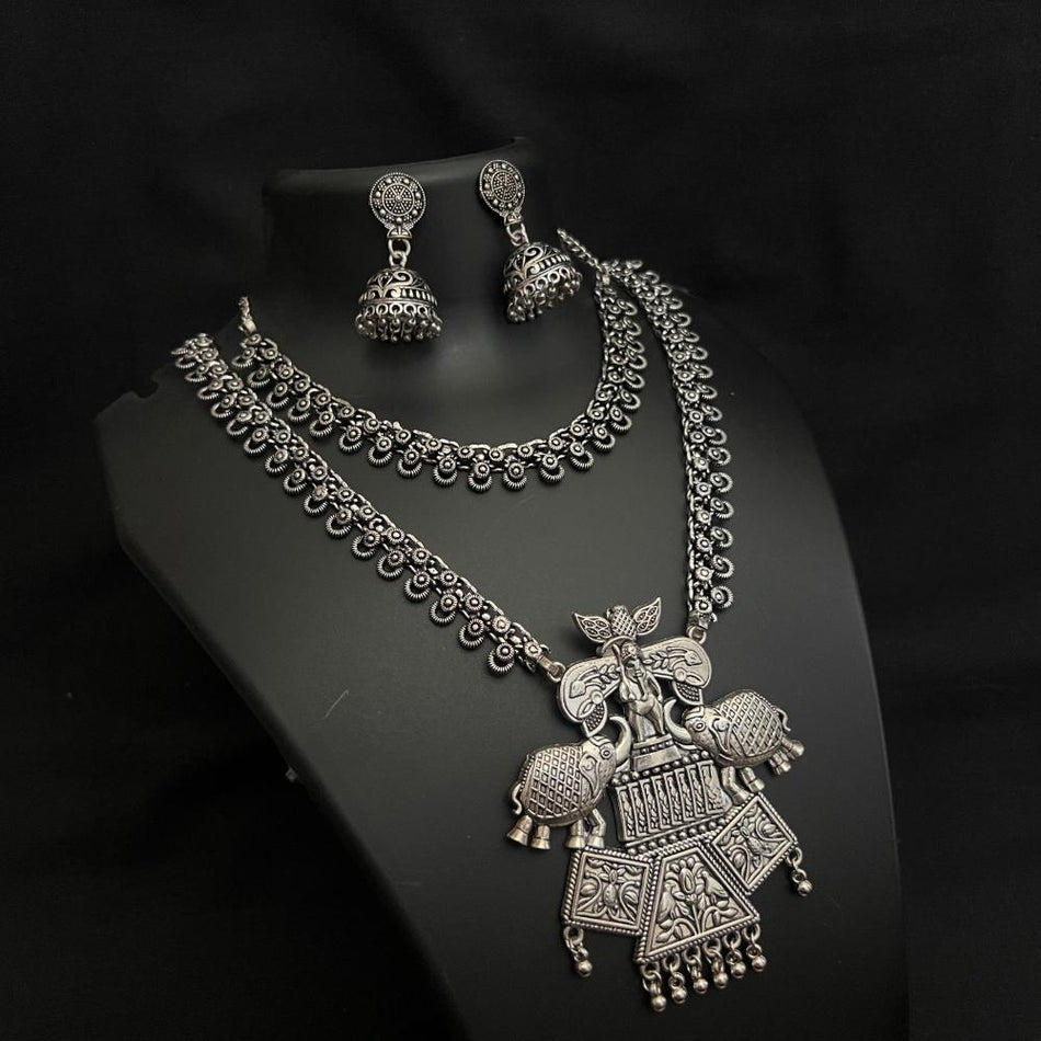 Oxidised Silver Double Necklace Set | Bridal Jewellery India