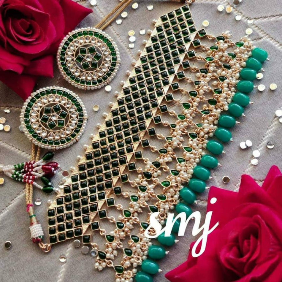 Gold Plated Pota Stone Choker Necklace for Occasion | Bridal Jewellery India