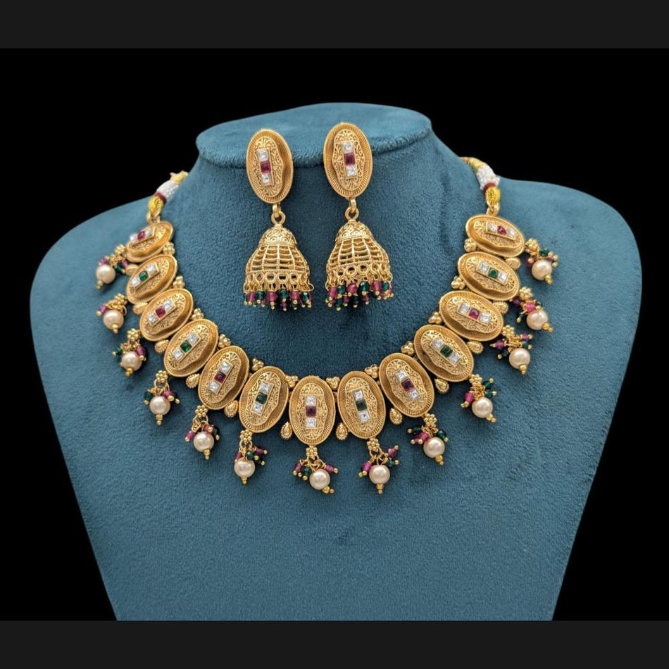 Gold Plated Pota Stone   Pearl Necklace | Bridal Jewellery India