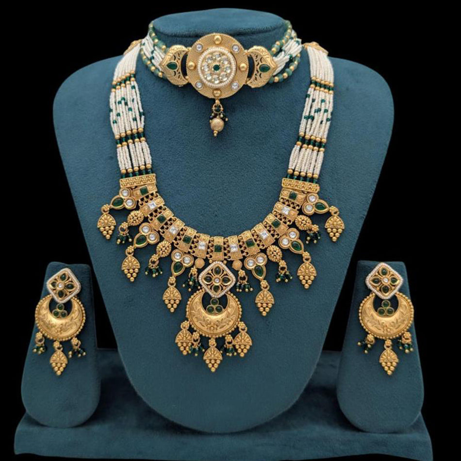 Gold Plated Pota Stone   Pearls Double Necklace Set | Bridal Jewellery India