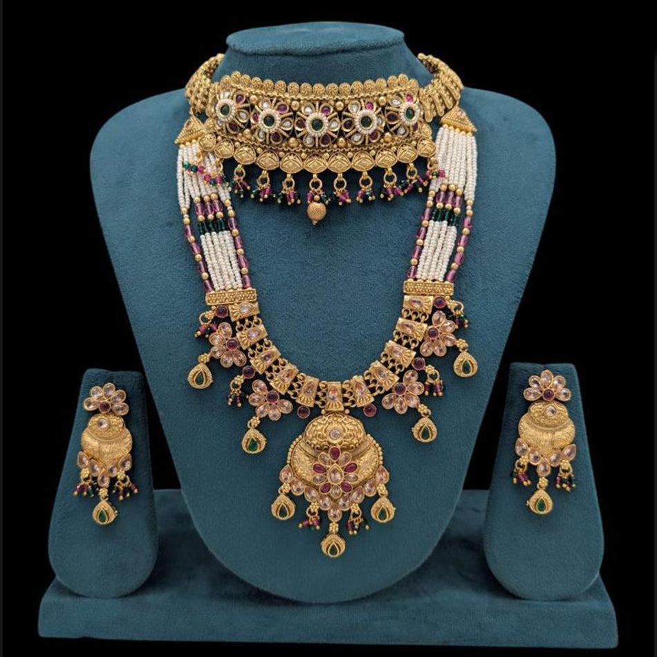 Gold Plated Pota Stone and Pearls Necklace Set | Bridal Jewellery India