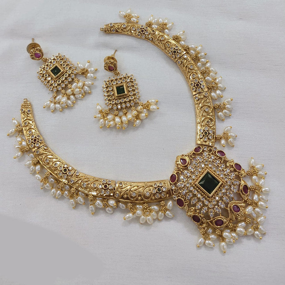 Gold Plated Pota Stone Necklace Set for Occasion | Bridal Jewellery India