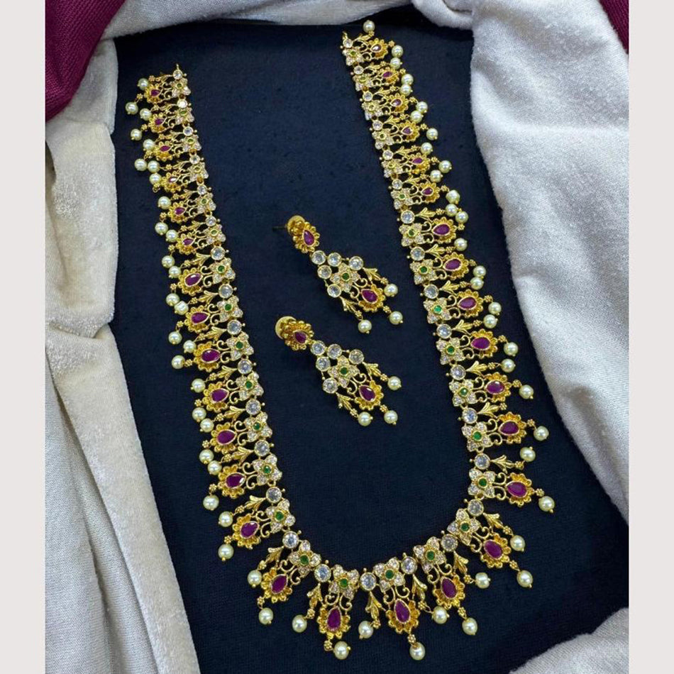 Rose Gold Plated Long Necklace with Heritage Stones | Bridal Jewellery India