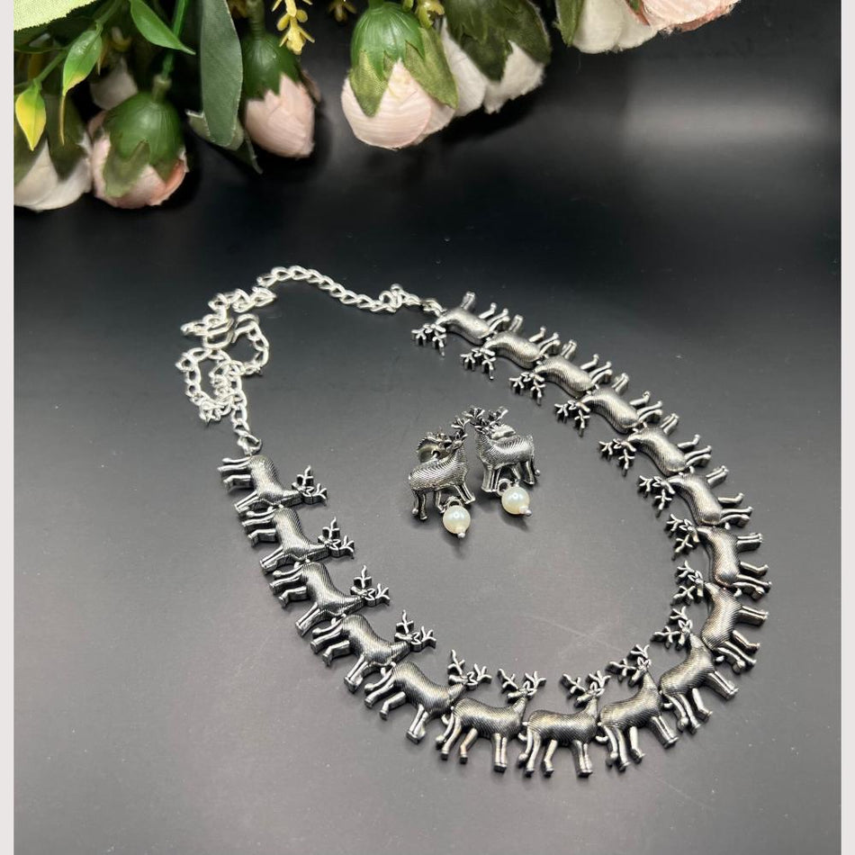Oxidised Silver Deer Necklace Set for Occasion | Bridal Jewellery India