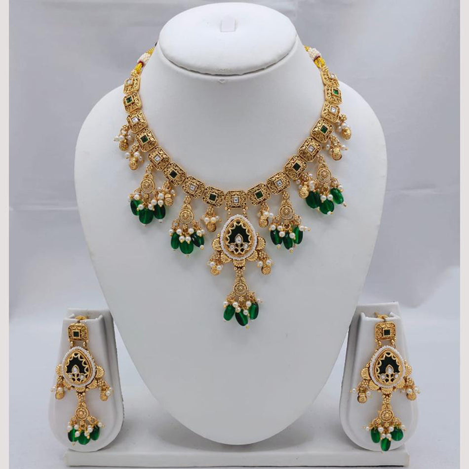 Designer Pota Stone Pearl Necklace in  Gold Plated | Bridal Jewellery India