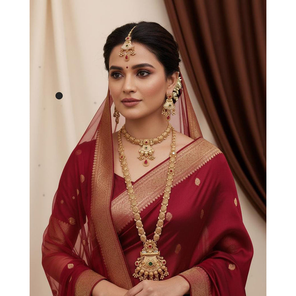 Dazzling Pota Stone Layered Chain Necklace in Silver | Bridal Jewellery India