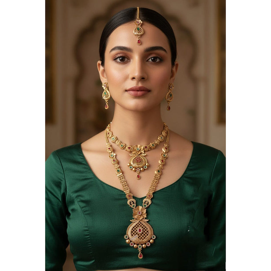 Pota Stone Double Necklace in Gold Tone | Bridal Jewellery India