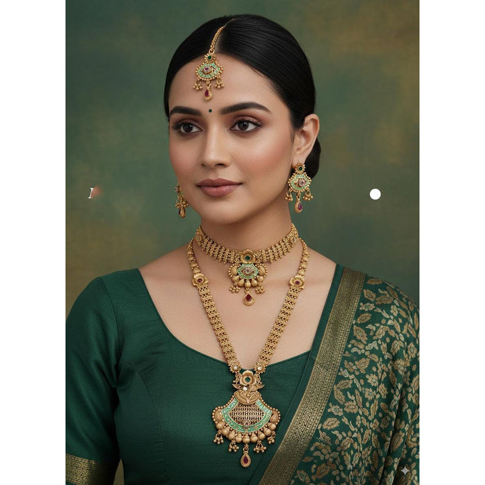 Meenakari Double Necklace Set in Sterling Silver | Bridal Jewellery India