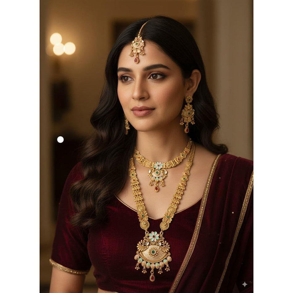 Ethnic Charm Silver Double Necklace Set | Bridal Jewellery India