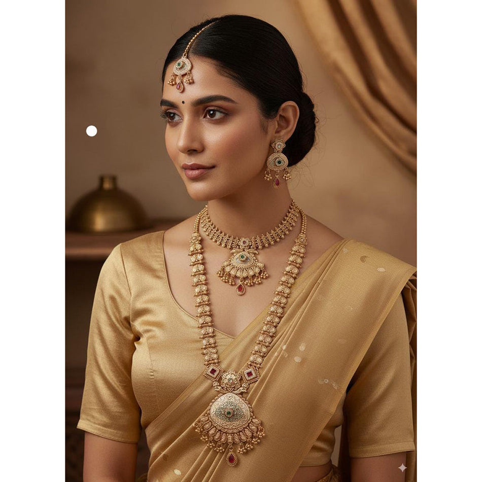 Pota Stone Choker in Gold Plated with Double Necklace | Bridal Jewellery India