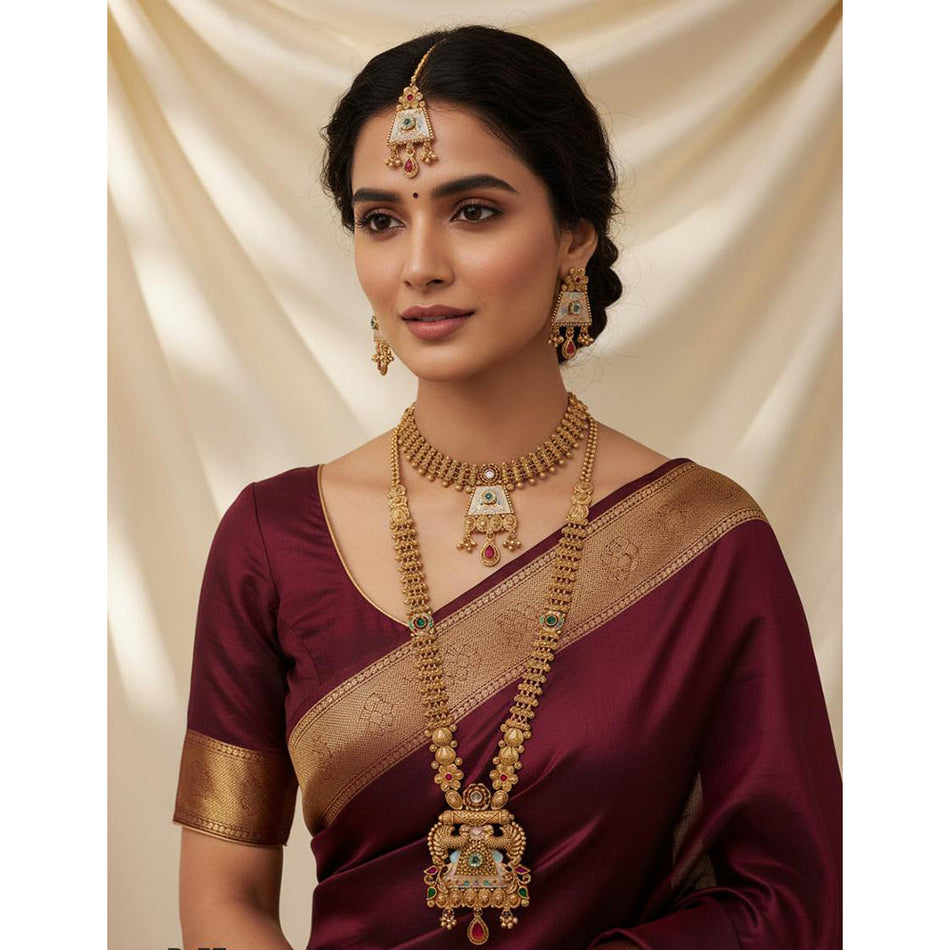 Meenakari Double Necklace in Gold Tone | Bridal Jewellery India