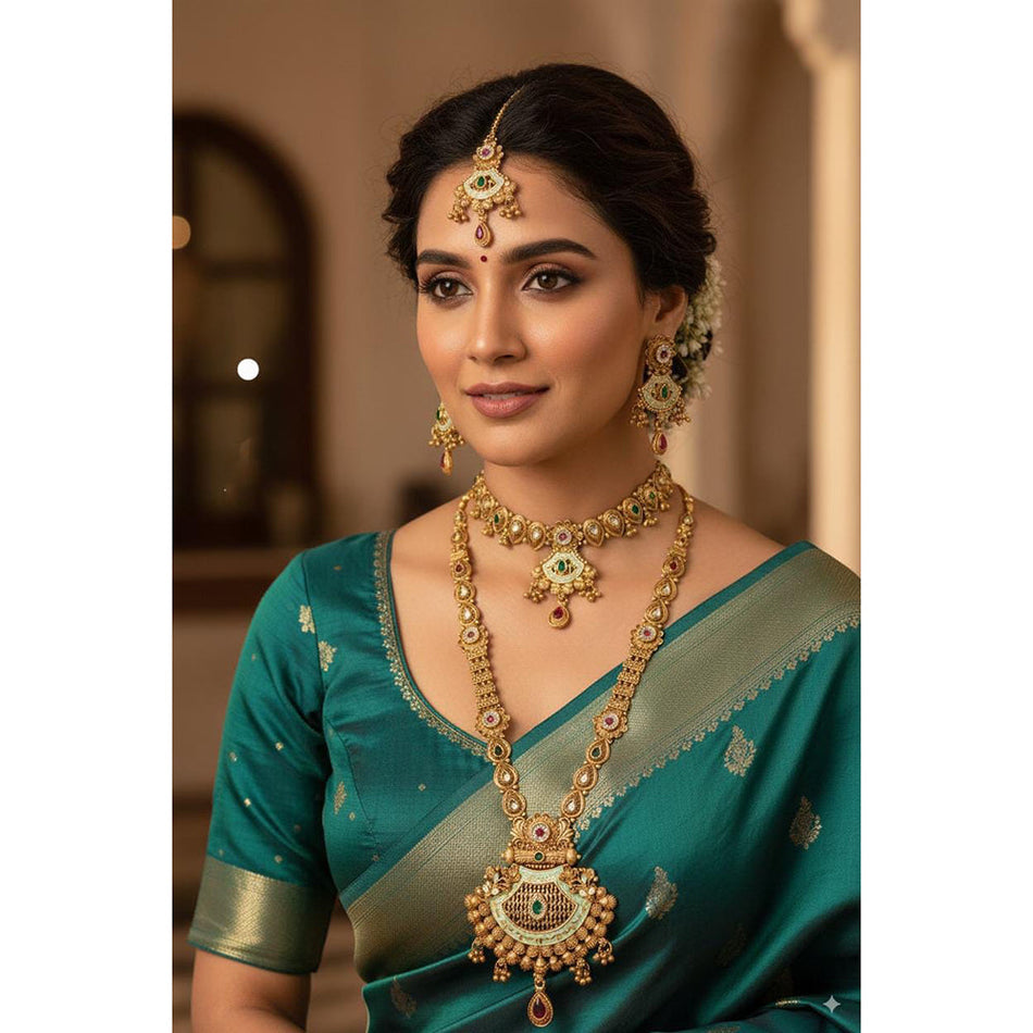 Meenakari Double Necklace in Silver | Bridal Jewellery India