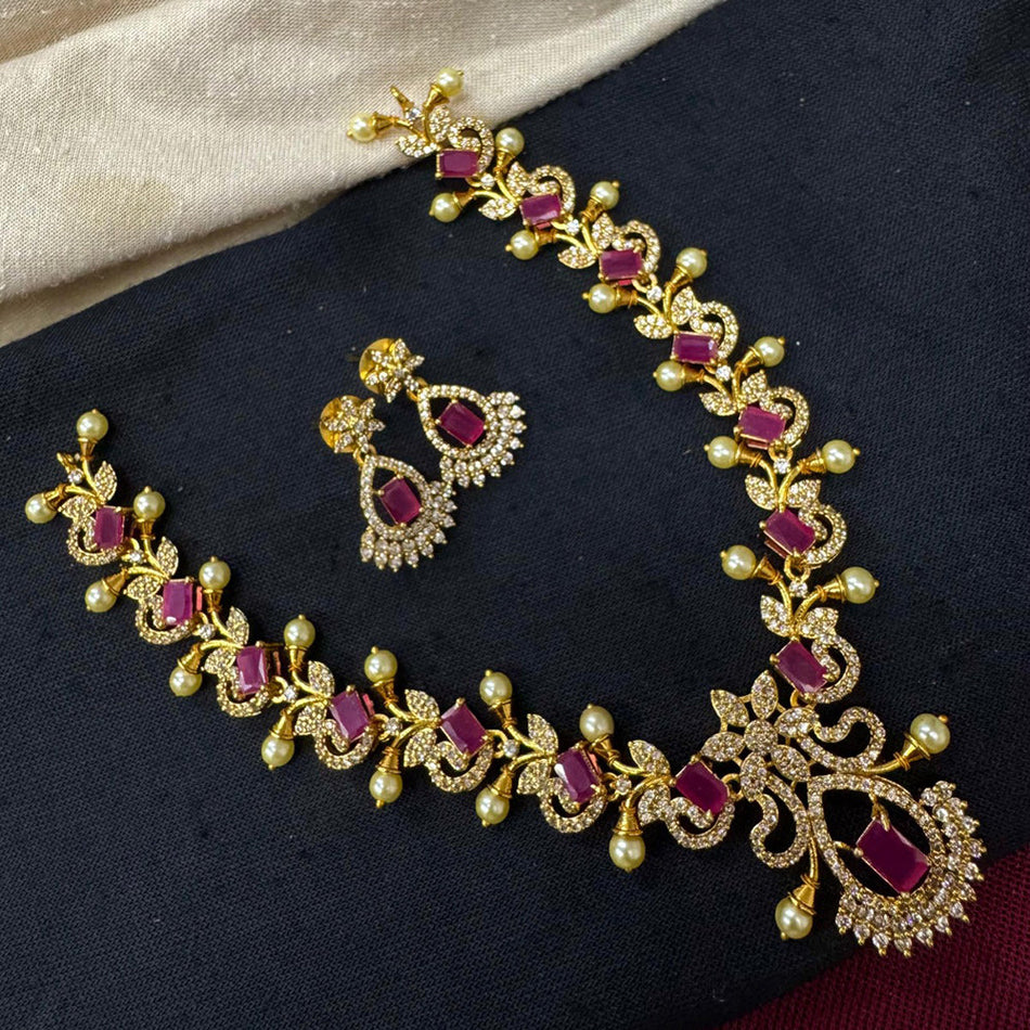 Royal Crystal Necklace in Gold Plated Finish | Bridal Jewellery India
