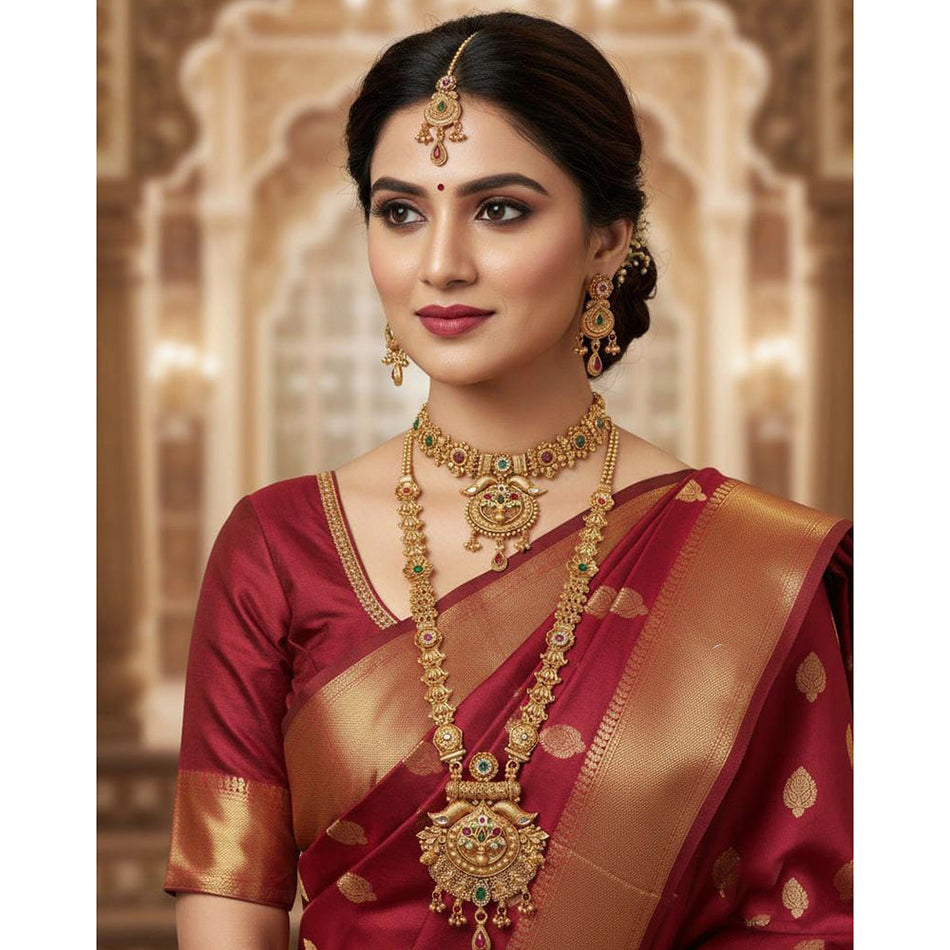 Pota Stone Double Necklace in Premium Gold Plated | Bridal Jewellery India