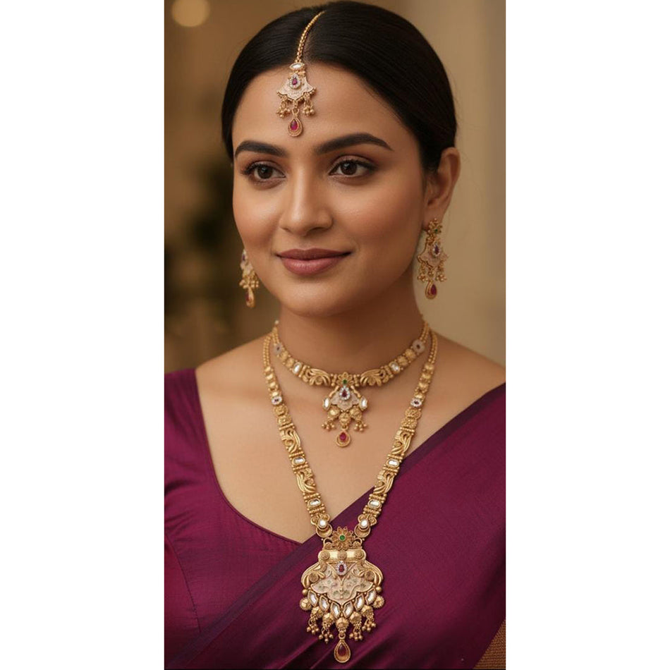Meenakari Double Necklace in Gold Plated | Bridal Jewellery India