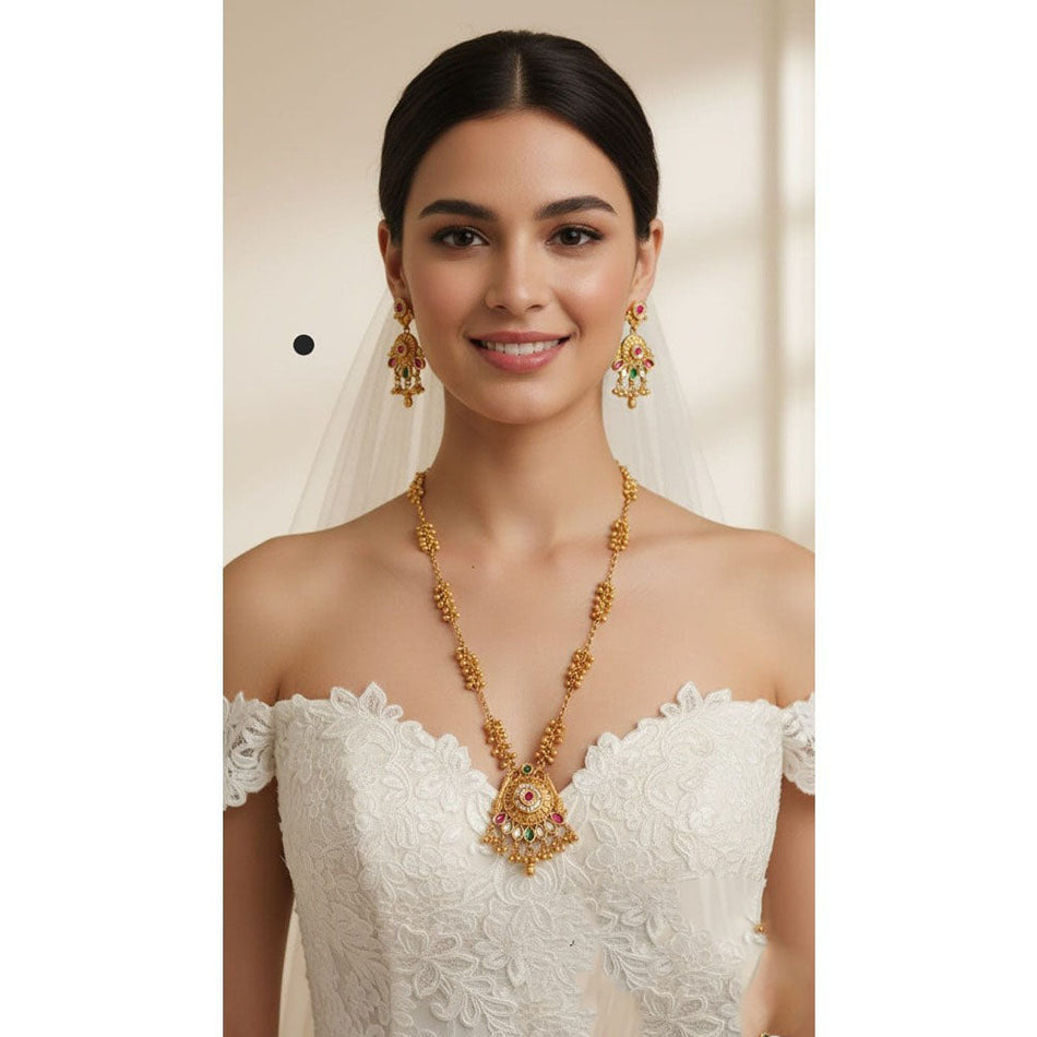 Designer Pota Stone Necklace in Rose Gold Plated | Bridal Jewellery India