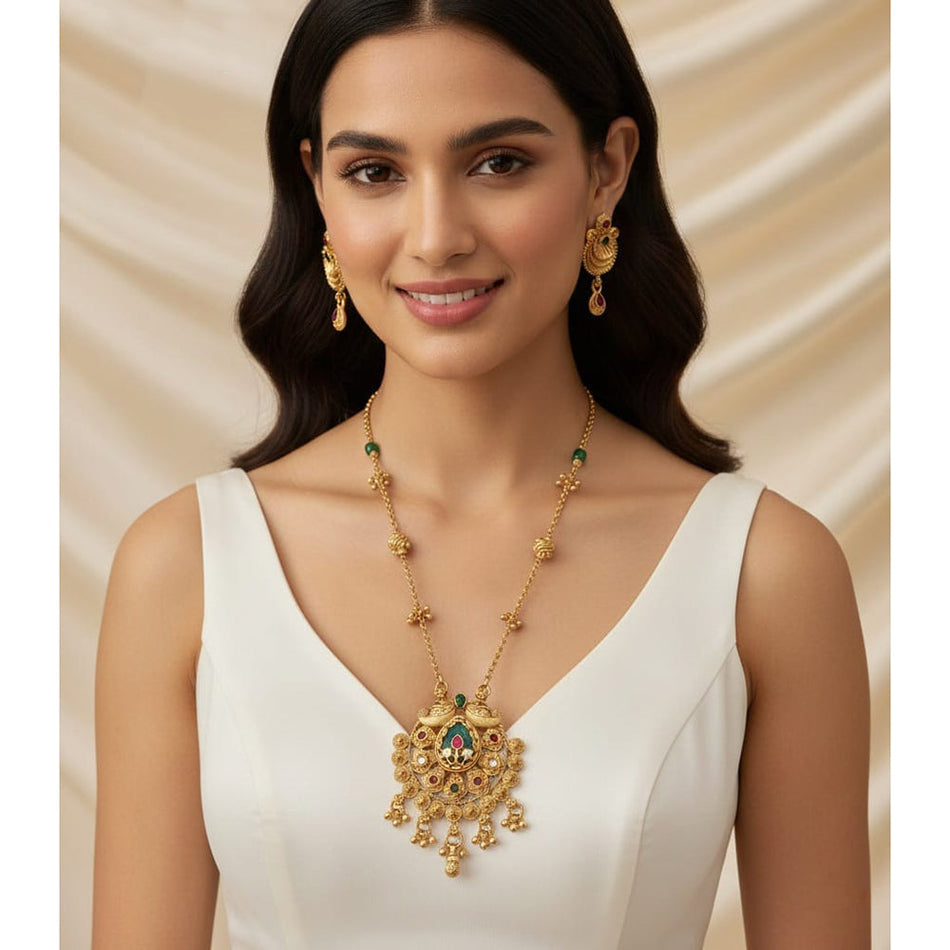 Designer Pota Stone Necklace in White Gold Plated | Bridal Jewellery India