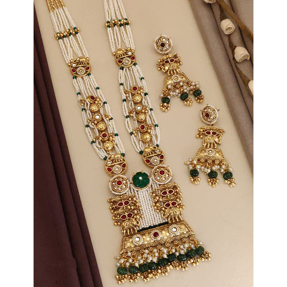 Designer Pota Stone Long Necklace in Gold Plated | Bridal Jewellery India
