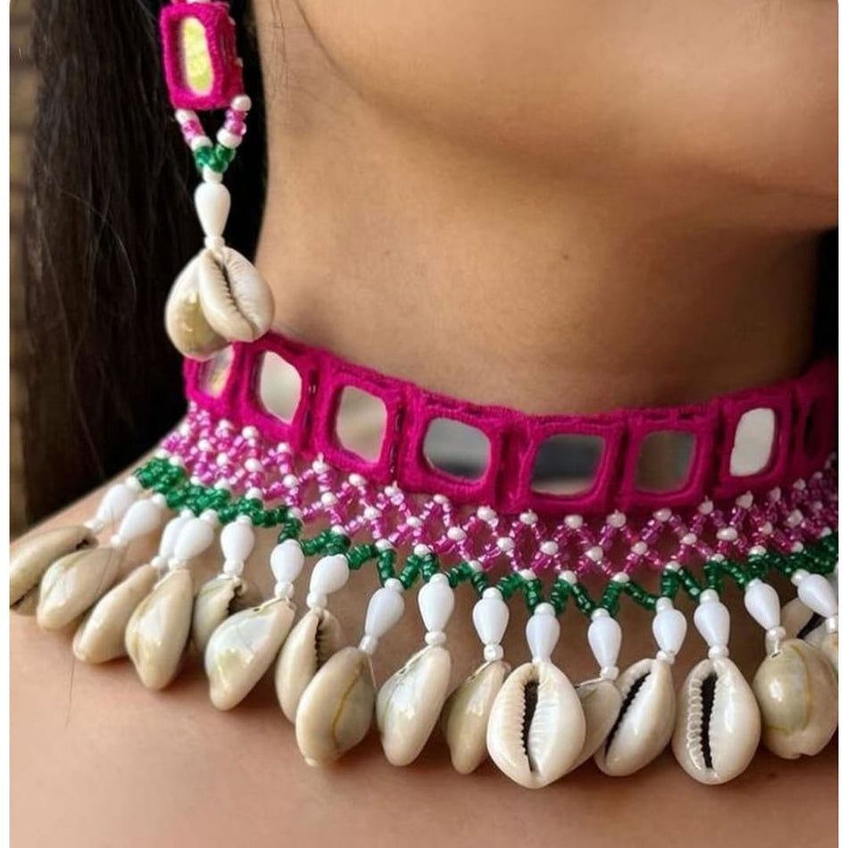 Mirror Work Choker Necklace in Pearl Shell | Bridal Jewellery India
