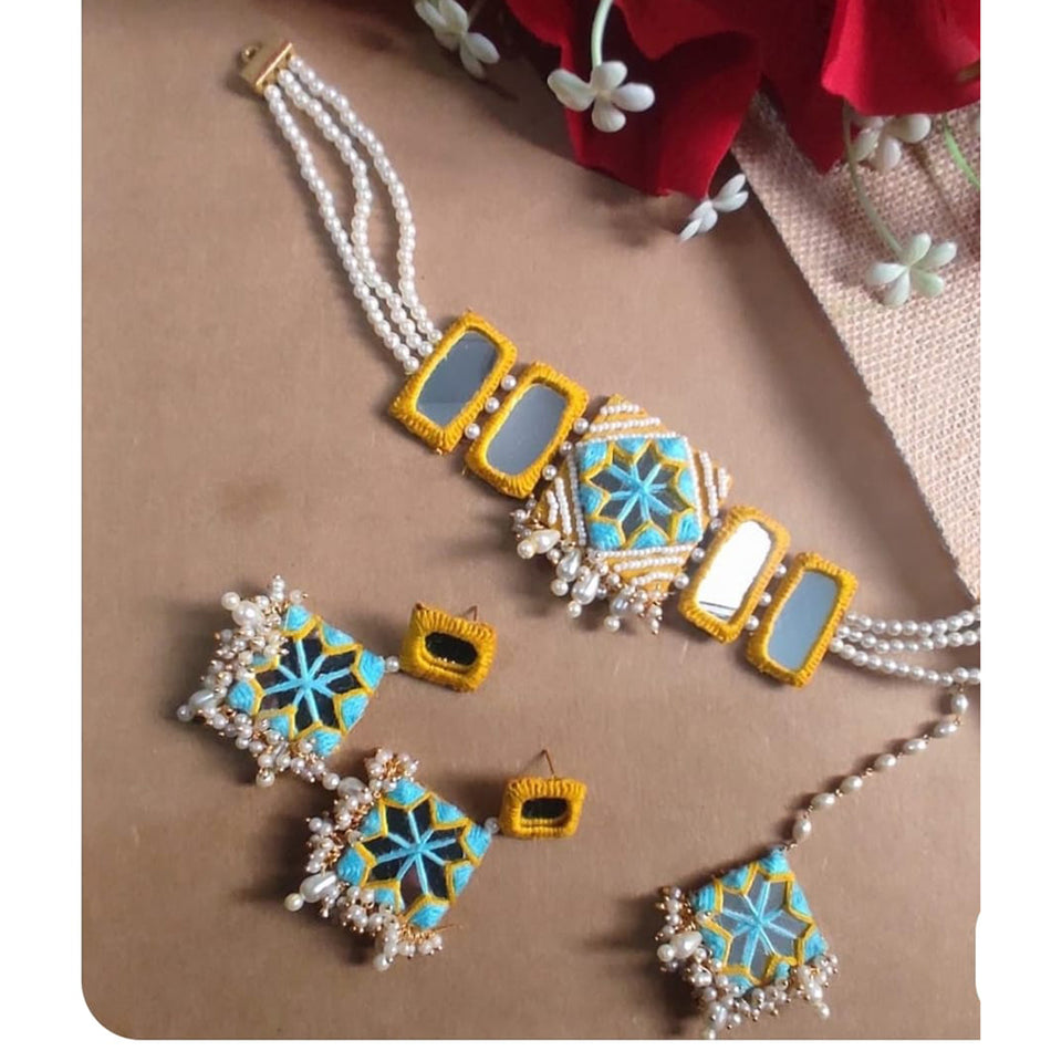 Mirror Work Choker Necklace in Gold Plated | Bridal Jewellery India
