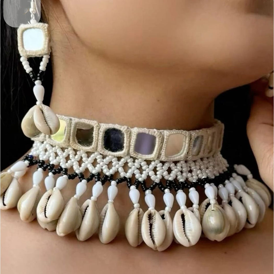 Mirror Work Choker Necklace in Pearl Shell | Bridal Jewellery India