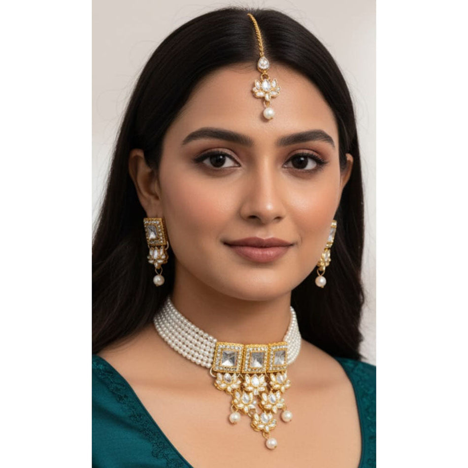 Elegant Rose Gold Plated Crystal Choker Necklace Set | Bridal Jewellery India