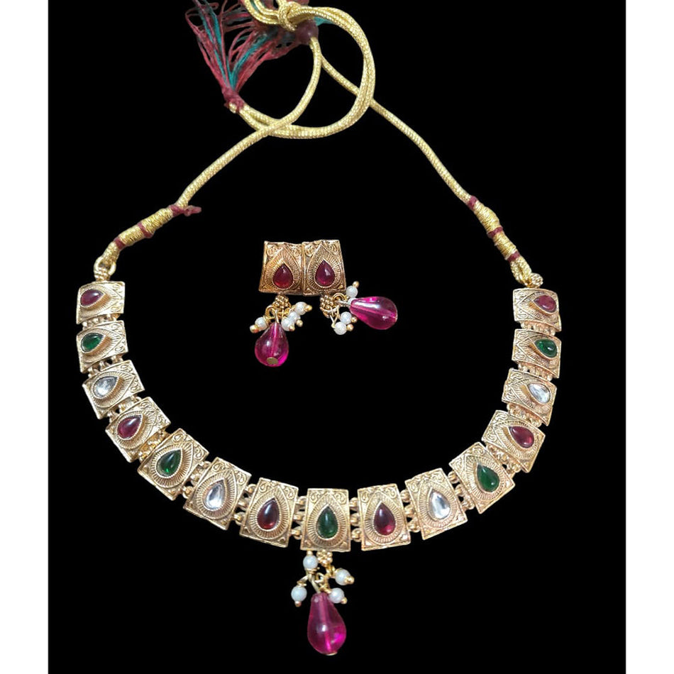 Rose Gold Plated Pota Necklace Set with Beads | Bridal Jewellery India