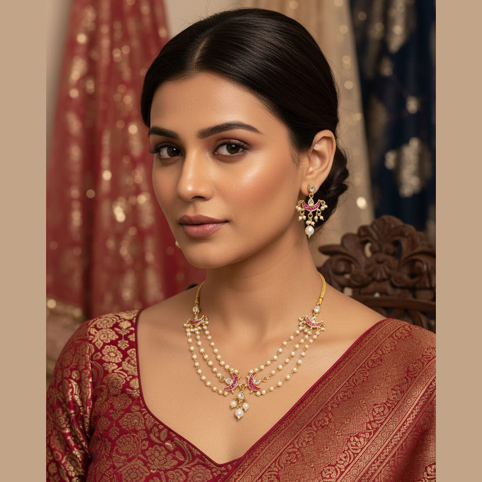 Kundan Necklace in Gold Tone with Stone and Pearl | Bridal Jewellery India