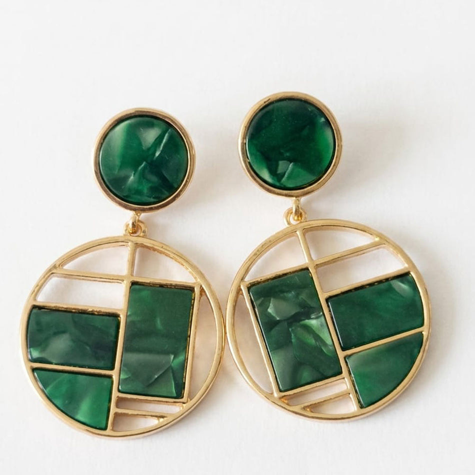 Gold Toned Green Resin Geometric Earrings | Bridal Jewellery India