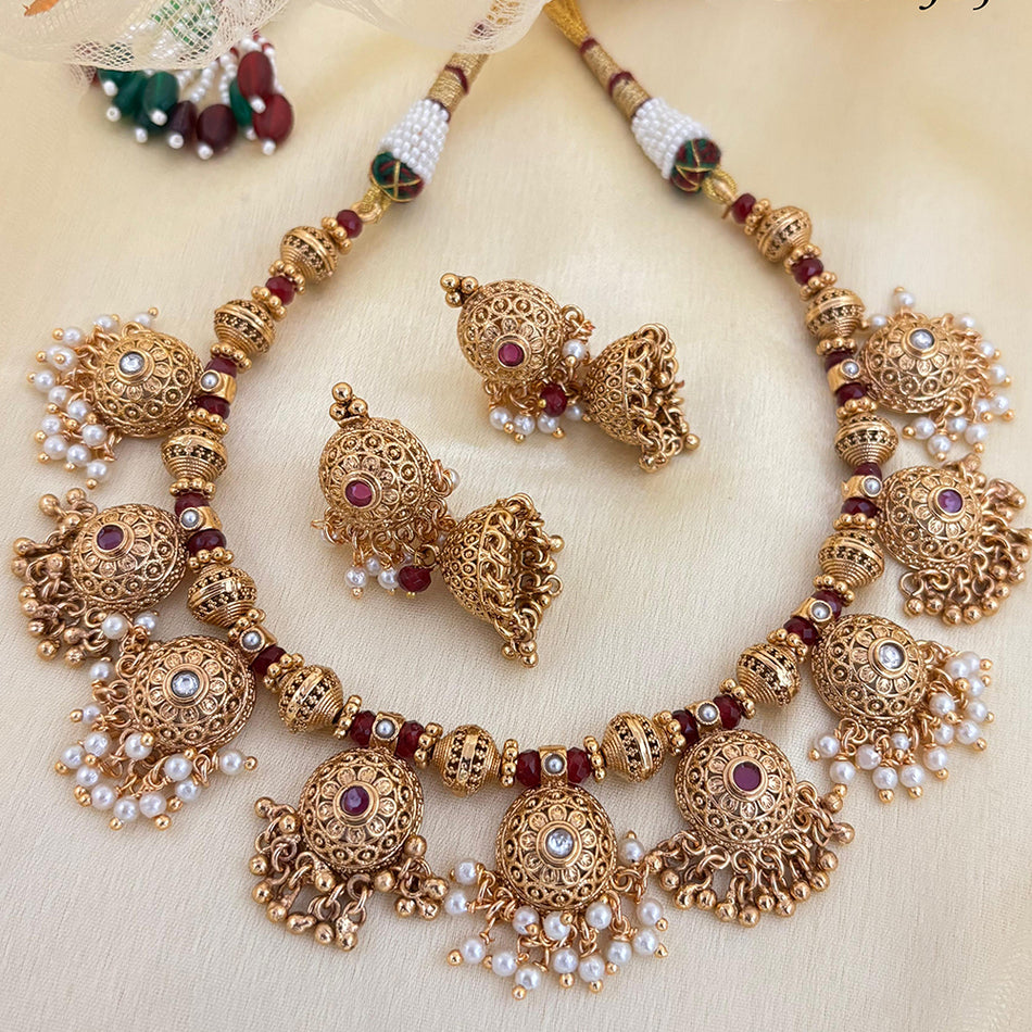 Pota Stone and Pearl Necklace in Sterling Silver | Bridal Jewellery India
