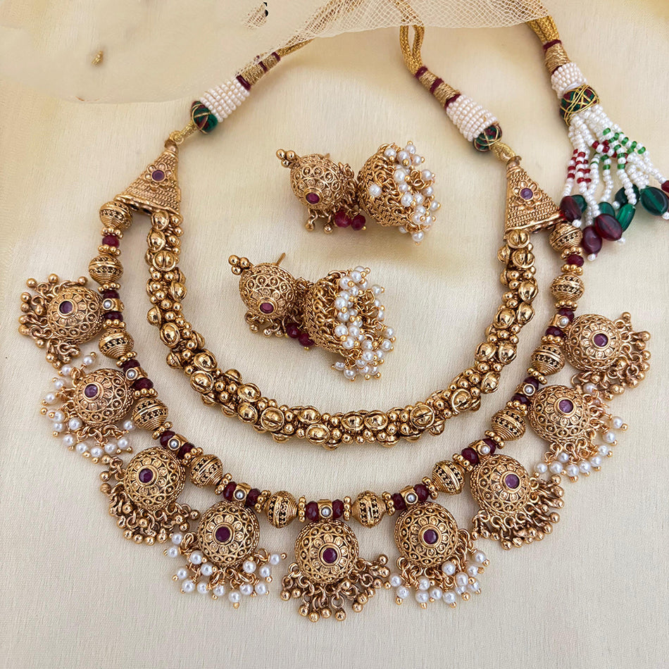 Pota Stone and Pearl Necklace in White Gold Plated | Bridal Jewellery India