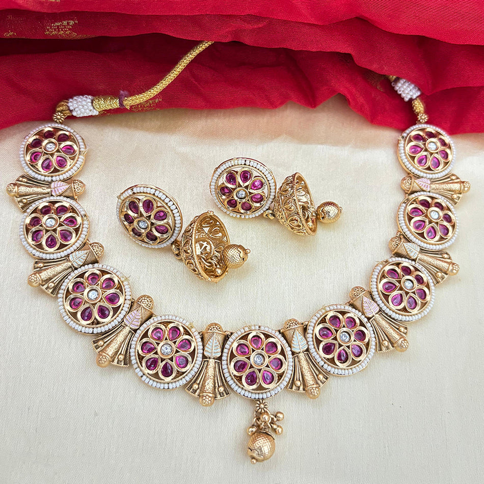 Pota Stone Meenakari Necklace in Gold Tone | Bridal Jewellery India