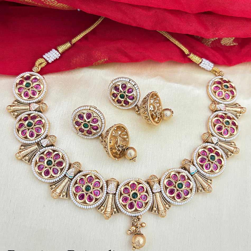 Pota Stone Meenakari Necklace in Gold Tone | Bridal Jewellery India