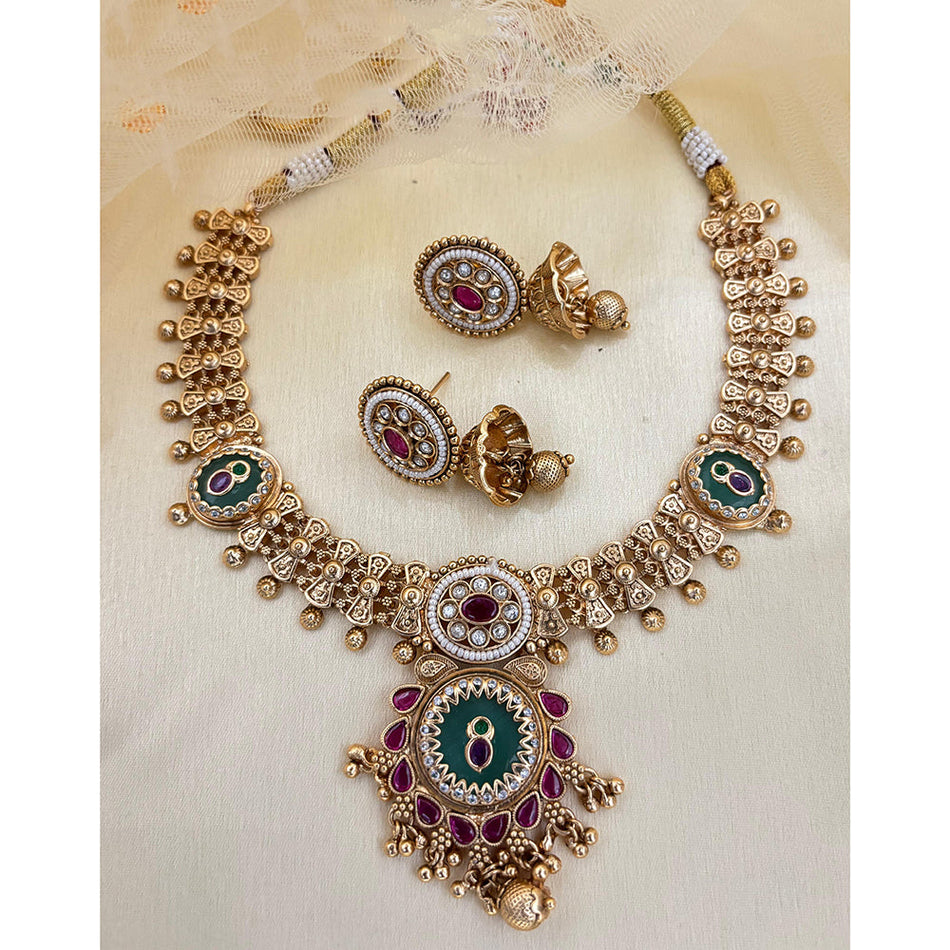 Designer Pota Stone   Pearl Necklace Set in 18K Gold Plated | Bridal Jewellery India