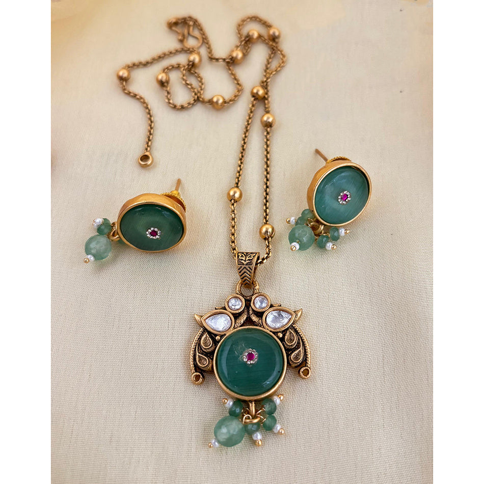 Pota Stone and Pearl Necklace in Rose Gold Plated | Bridal Jewellery India