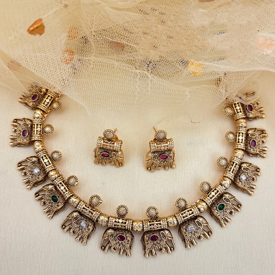 Pota Stone Elephant Necklace in Gold Tone | Bridal Jewellery India