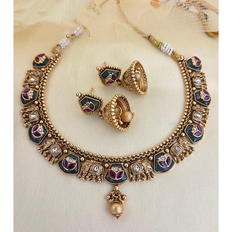 Pota Stone Elephant Motif Necklace in Gold Tone | Bridal Jewellery India